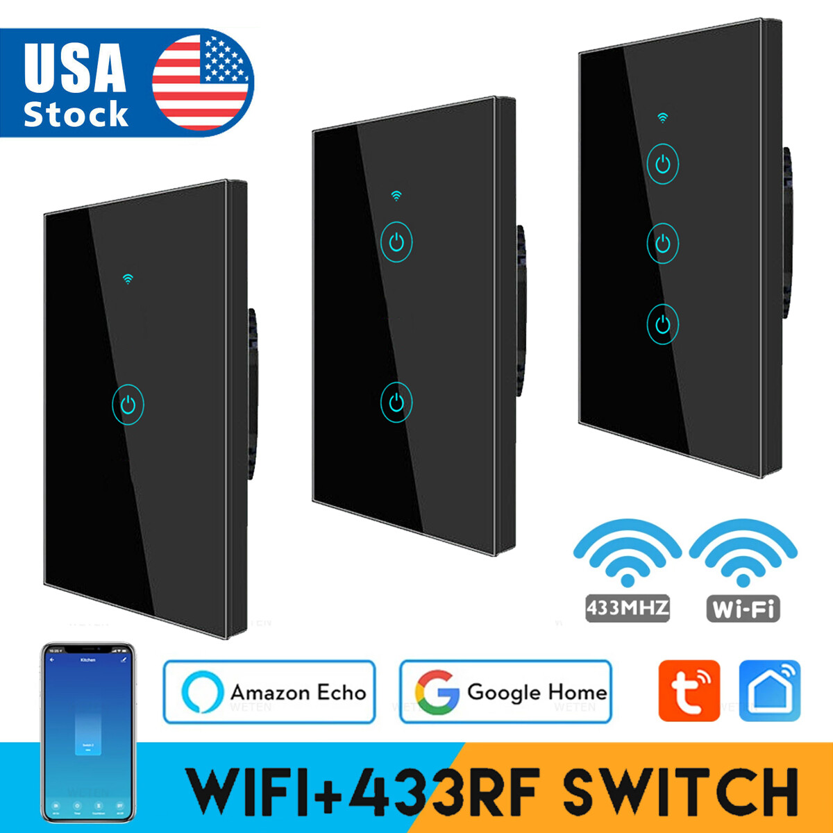 1/2/3 Gang WiFi Smart Wall Touch Lights Switch Glass Panel for Alexa/Google APP