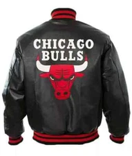 Men's Chicago Bulls Letterman Bomber Varsity Black Real Leather Jacket