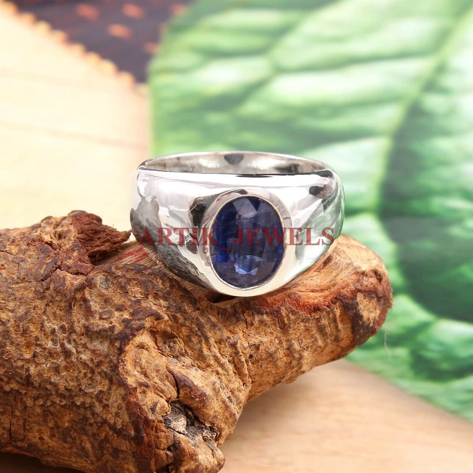Piedra preciosa de cianita azul natural con anillo de plata de ley 925 para hombre #3106 Foto 2 de 3