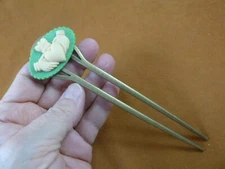 cxm38-1 CLADDAGH heart hands green white CAMEO brass hair stick pin accessory