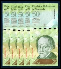 Venezuela UNC Lot 5 Pieces 50 Bolivares Fuertes BsF 2007 - 2015 Uncirculated