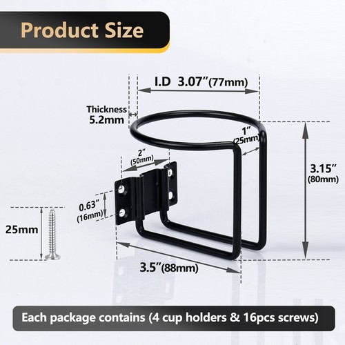 4pcs Black Coating Stainless Steel Boat Cup Holder 3 in Ring Drink Holders - Picture 6 of 6