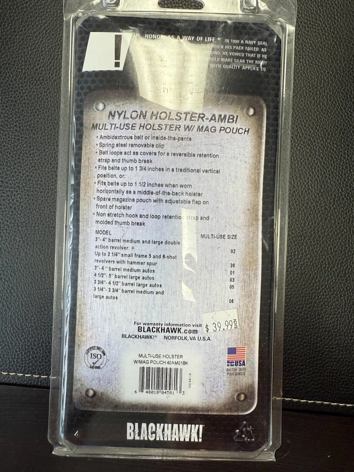 BLACKHAWK! Nylon Ambi Multi-Use Holster w/ Mag Pouch Size #1   3" to 4" auto - Image 2 of 2