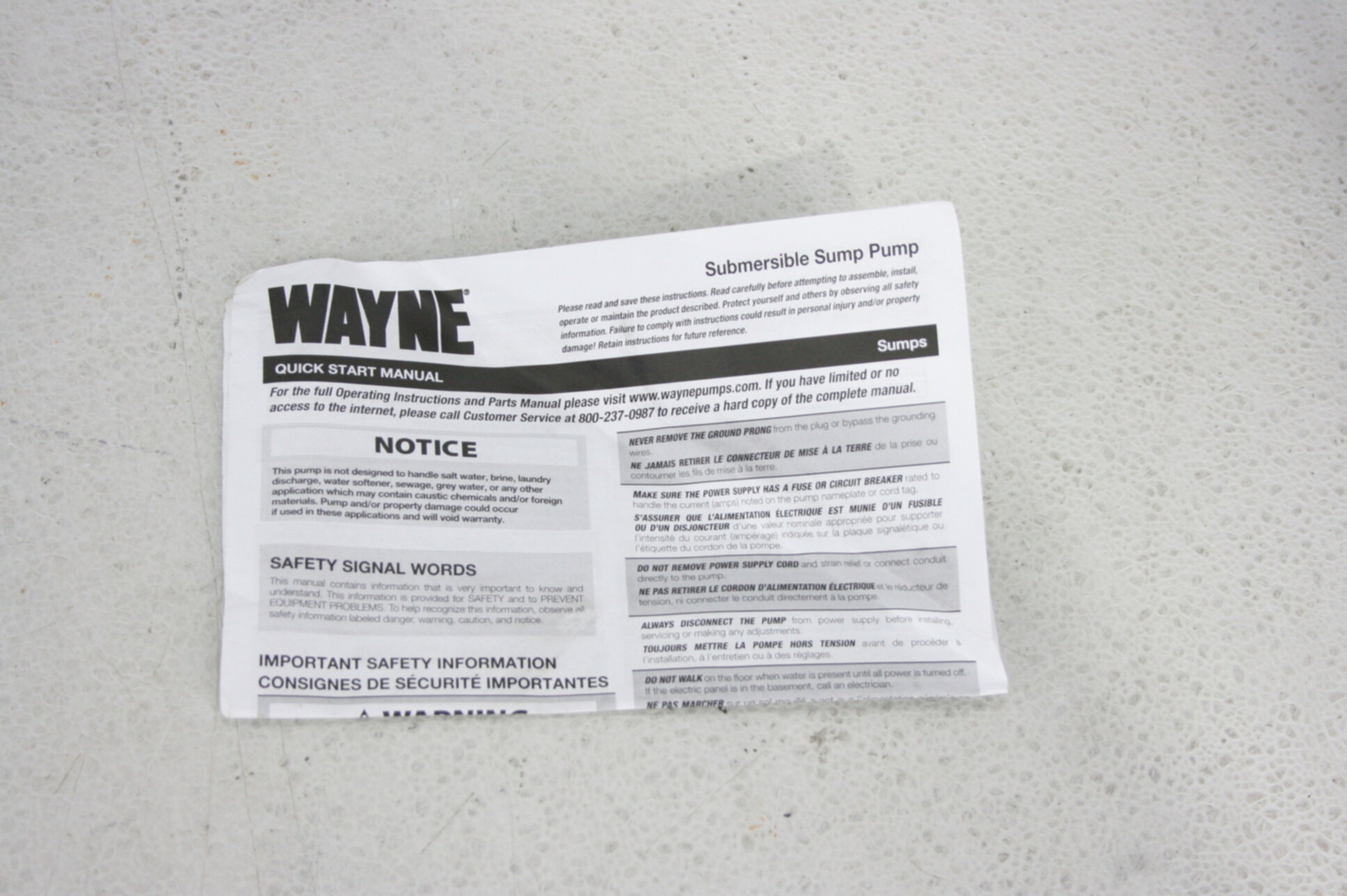 WAYNE CDU800 1/2 HP Submersible Cast Iron Steel Sump Pump