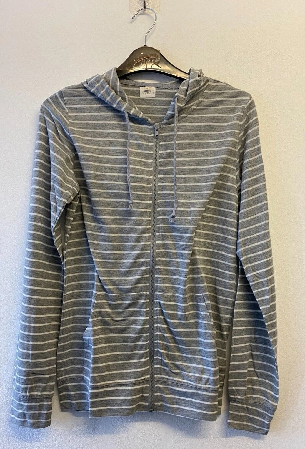 Beautiful New Women's Lightweight Zip Up Hoodie - Grey Stripped - Size: Small