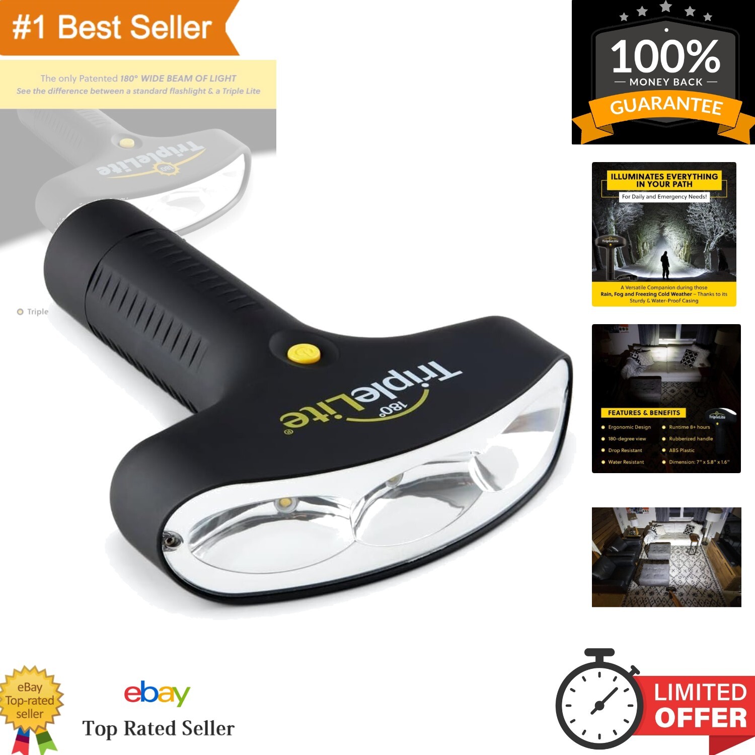 Patented 180 Degree LED Flashlight with Alkaline Battery - Emergency Ready