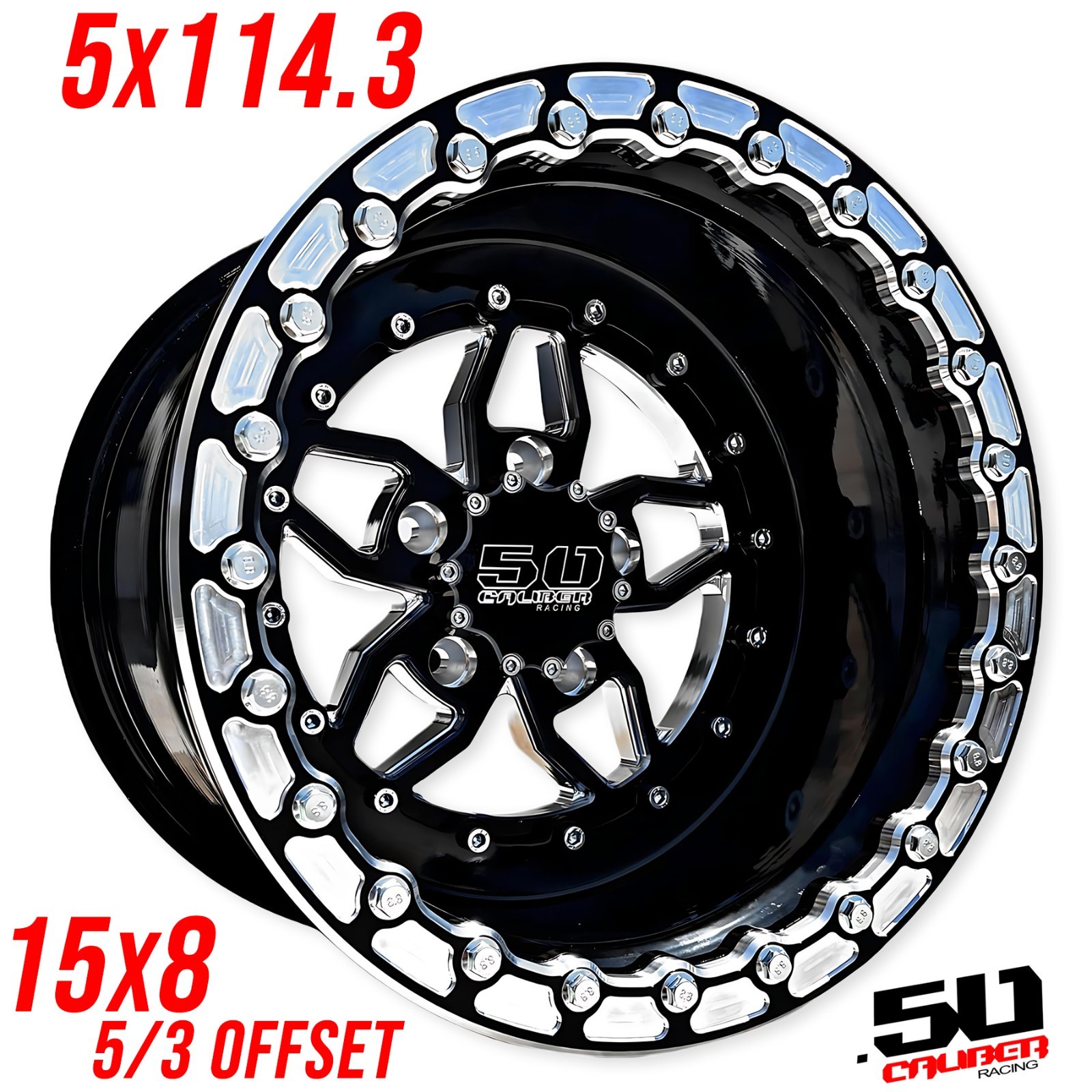 5x114.3 50 Caliber Racing 501 Beadlock Wheel 15x8 5/3 Polaris RZR Turbo ...