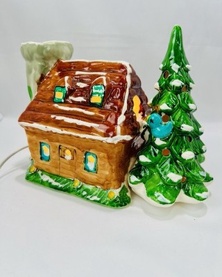 Vintage Log Cabin Lodge House Light Up Ceramic Christmas Snow Village Decoration