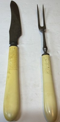 Vintage 2-Piece Carving Knife & Fork Set Steel Blades Bone-Style Handles Guard