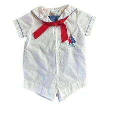 Vtg 80s USA Sailor Suit Infant Baby Boys Red White Blue 6-9 M Romper Mothercare
