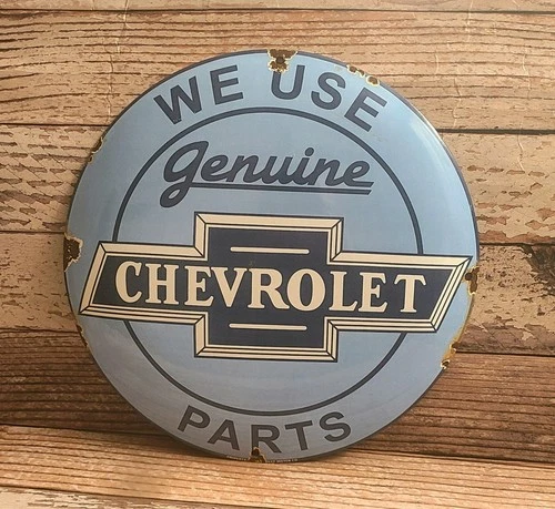 Vintage WE USE GENUINE CHEVROLET PARTS Porcelain Metal Domed Chevy Sign
