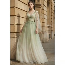 Tulle Evening Dress V-Neck Cape Sleeves 3D Floral Beaded Lace-Up Back Prom Dress