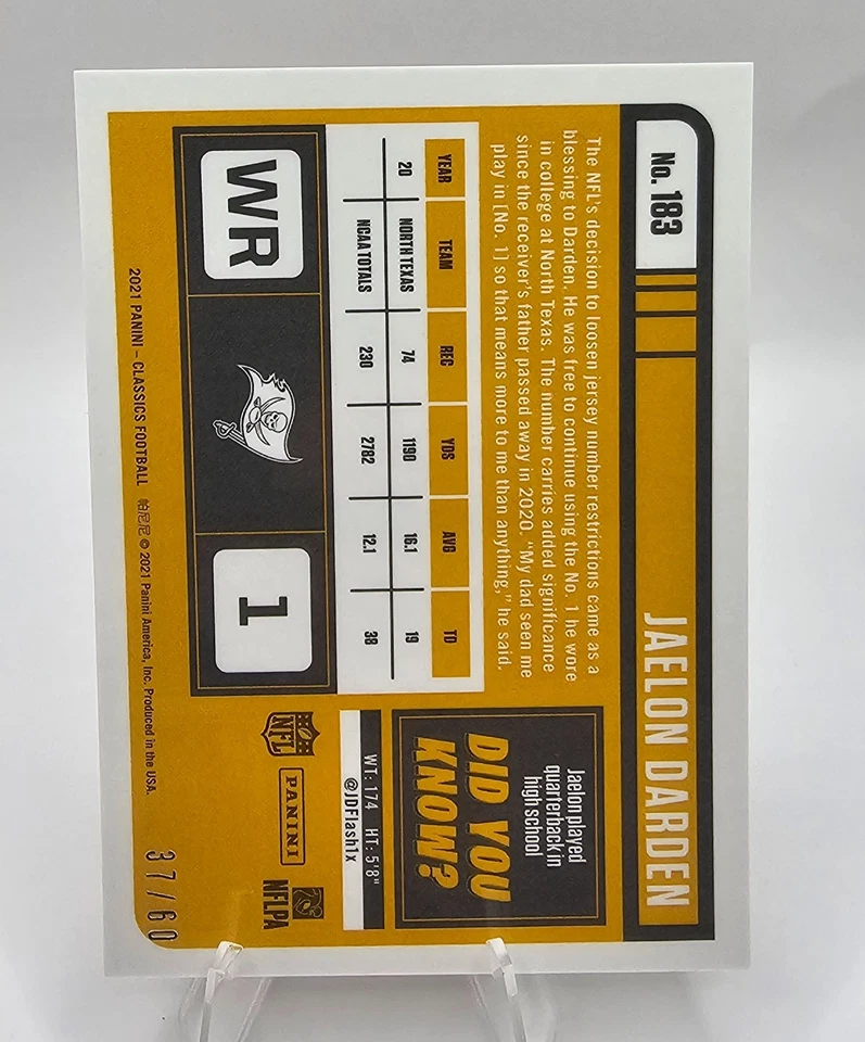 2021 Panini Classics Jaelon Darden Gold Holo /60 Rookie Tampa Bay Buccaneers #18 - Image 2 of 2