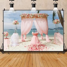 7x5ft Seascape Wedding Photography Backdrop Pink Chiffon Sheer Curtains