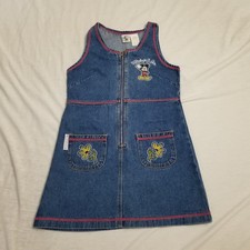 Vintage Disney Denim Dress Girls Medium 10/12 Blue Mickey Mouse 90s Overalls