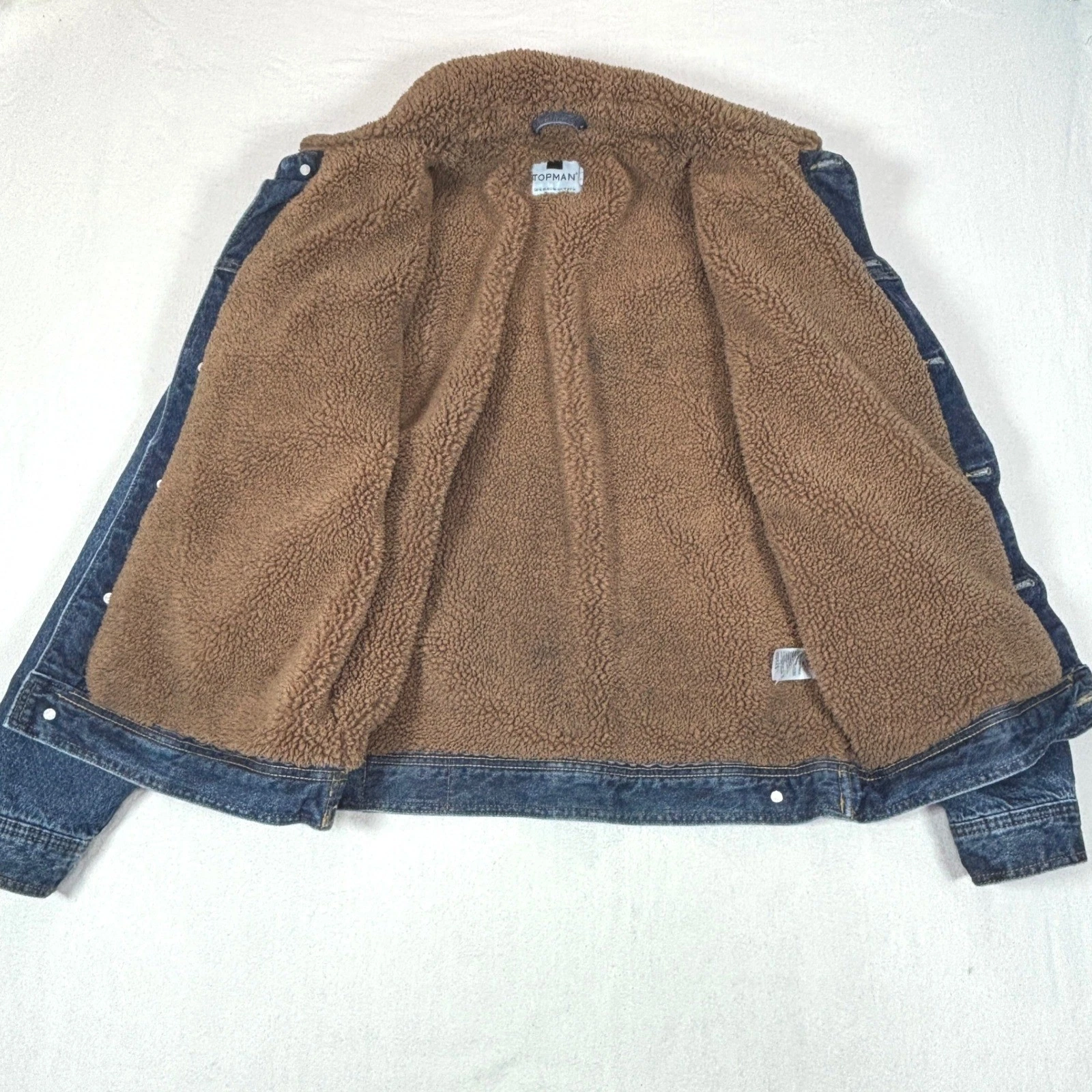 Topman Mens Blue Denim Borg Fleece Lined Sherpa Trucker Jacket Size Medium M image 3