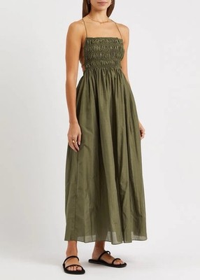 2000s Matteau Shirred Organic Cotton Midi Olive Women s Dress - Size 1 (US 2)