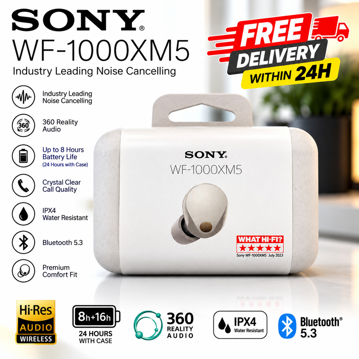 Sony WF-1000XM5 True Wireless Noise Cancelling Earbuds 8Hr Battery Silver UK New
