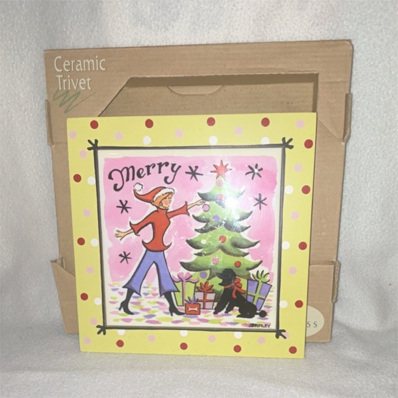 Ceramic Christmas Trivet Painted Holiday Design Multicolor Yellow Pink