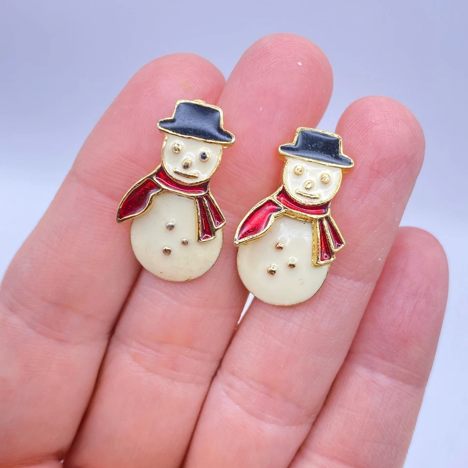 Pendientes Muñeco de Nieve Articulados Esmalte Crema AVON 1995 De Colección Bufanda Roja Sombrero Negro Foto 2 de 4