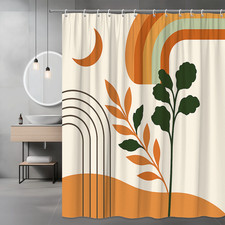 Boho Rainbow Shower Curtain with Green Leaves and Earthy Tones