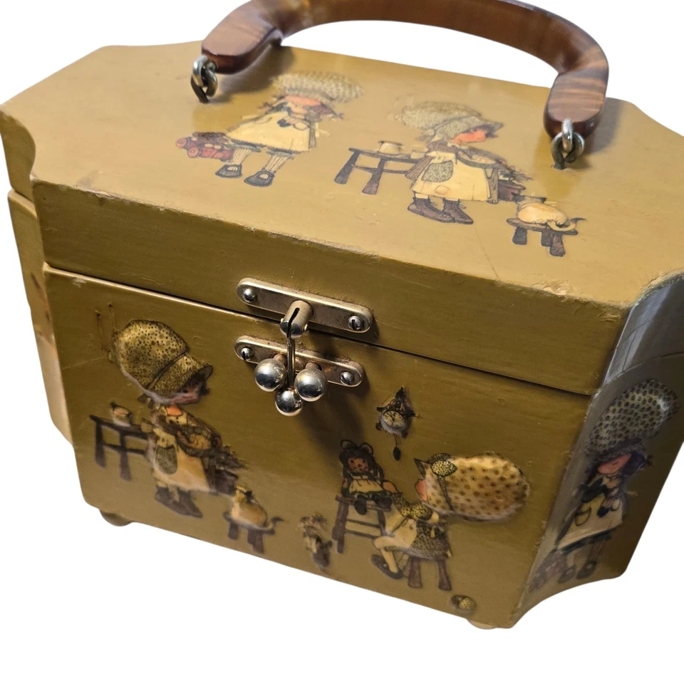 VTG Holly Hobbie Box Purse Wood Decoupage 3D Carved Lined Lucite Handle 1970s - Image 2 of 4