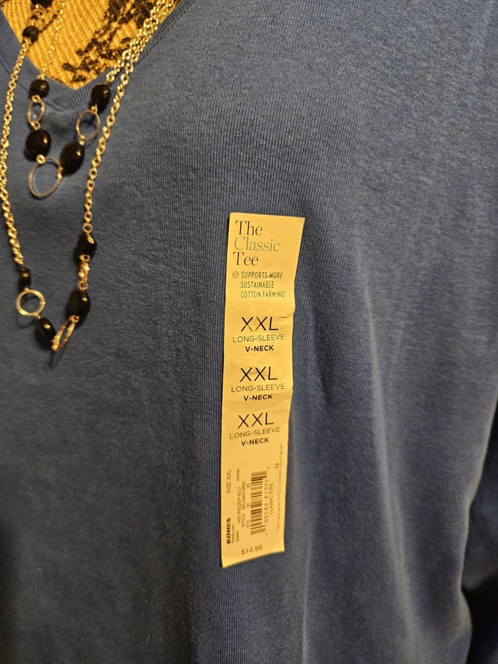 CROFT & BARROW, CAMISETA LISA MUJER NUEVA AZUL CUELLO EN V ALGODÓN MANGA LARGA, TALLA XXL Foto 3 de 4