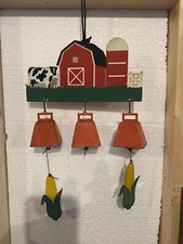 Vintage Country Rustic Painted Farm Cow & Corn Mini Metal Cowbell Wind Chime