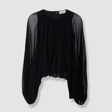 $445 Halston Women's Black "Cara" Blouson Chiffon Crewneck Blouse Top Size 6