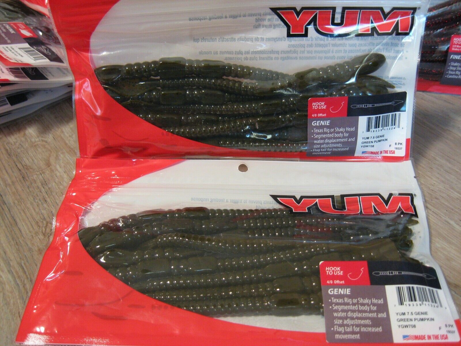 2 Packs YUM 7.5 Genie Worms Soft Plastic Fishing Baits Green Pumpkin YGW708