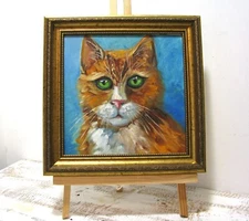 Ginger Cat Portrait Original Oil Painting Small Size Canvas Framed Art