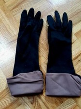 Vintage black roll down brown satiny opera slim long gloves S