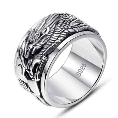 Sterling Silver Rui Dragon Pattern Rotated Wide Face Dominant Index Finger Rings
