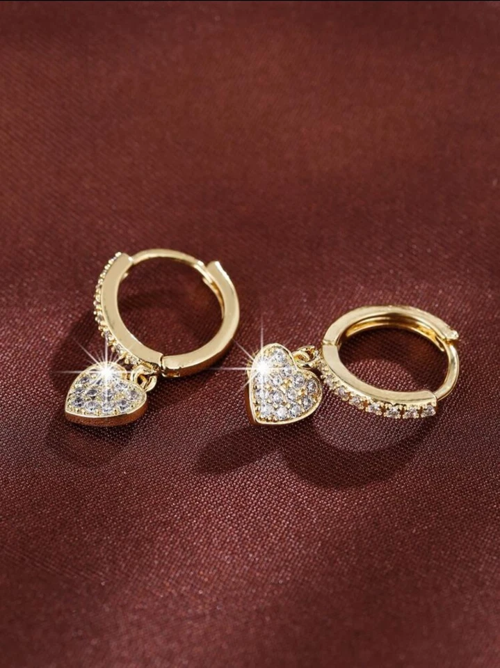 UK Women Ladies Fashion Jewelry Ziriconia Heart Rhinestone Stud Earrings Gold - Image 3 of 4