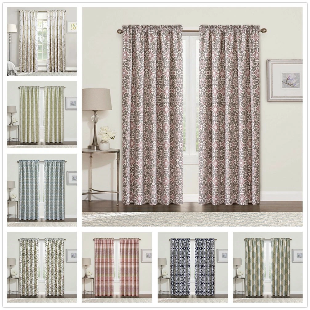 Vintage Geometric Floral Print Drapes Curtain Panels for Bedroom Living Room 2x
