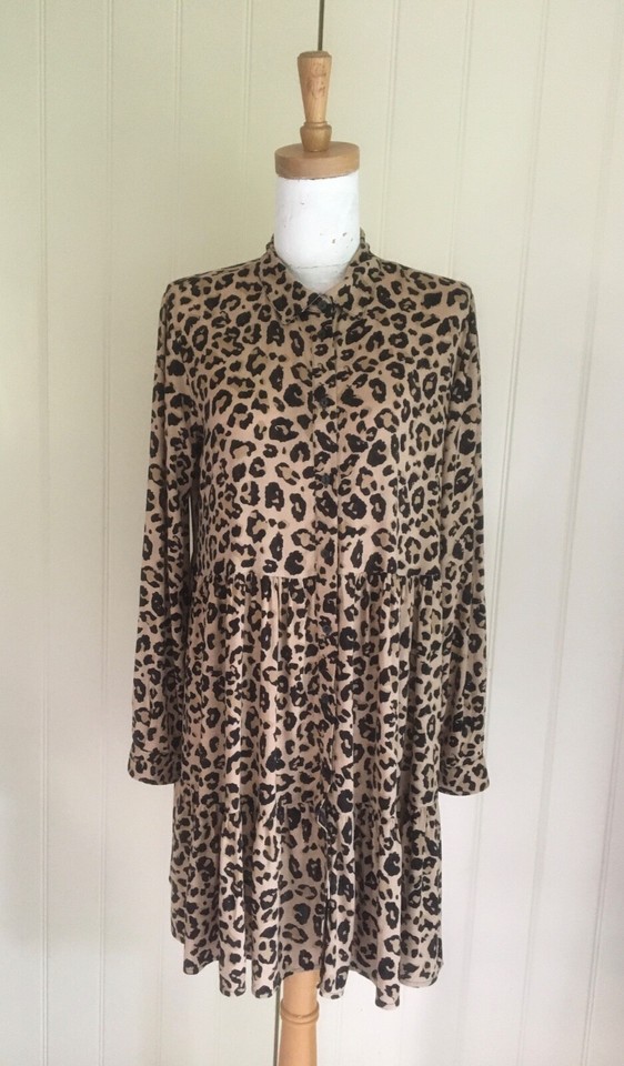 DRESS Tiered Mini Long sleeve Shirt Leopard print Collar Button front Sz S Chic