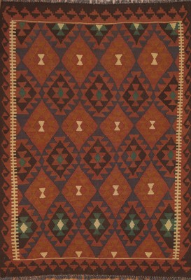 Orange Kilim Rugs Rectangle Flatweave Pile Wool Kelim Carpets 5x6 ft