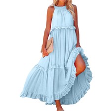 Women Halter Ruffle Long Dress Sleeveless Loose Beach Maxi Dress with Pocket