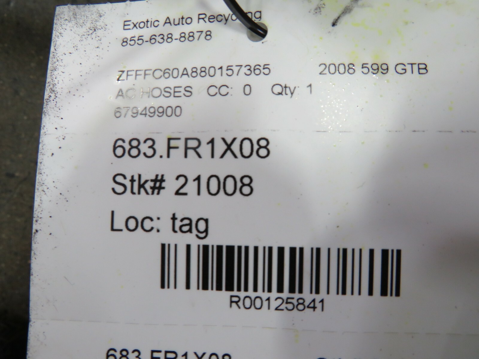 Ferrari 599 GTB, AC Evaporator to Compressor Hose, Used, P/N 67949900