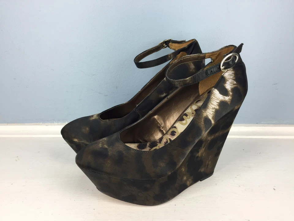 Sam Edelman 6.5 Quinn Cuña Plataforma Mary Jane Satinado Estampado Animal Tacones Leopardo Foto 3 de 4