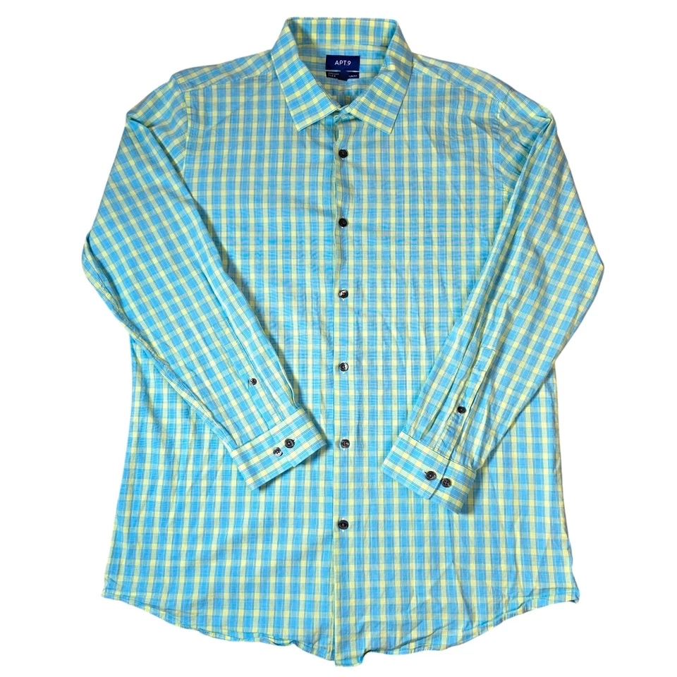Mens APT 9 Dress Shirt Slim Fit Extra Large Blue Yellow Plaid Premiere Flex Prep - Image 2 of 4