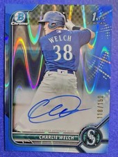 CHARLIE WELCH 2022 BOWMAN CHROME 1ST AUTO BLUE RAYWAVE RC SP# 118/150-MARINERS