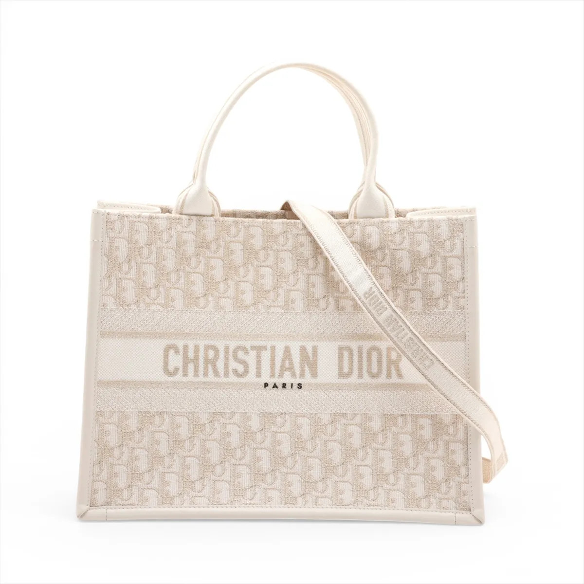 Christian Dior Oblique Book Tote Medium Canvas & Leather 2 Way Handbag White Luc
