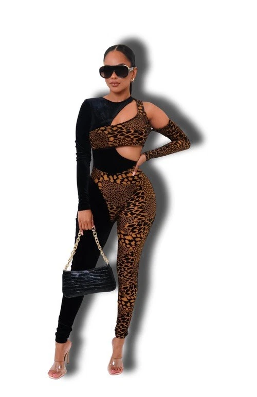 Kimcine Curve Womens Sexy Jumpsuit Bodysuit Black Tan Leopard Animal Print Tight - Image 3 of 4