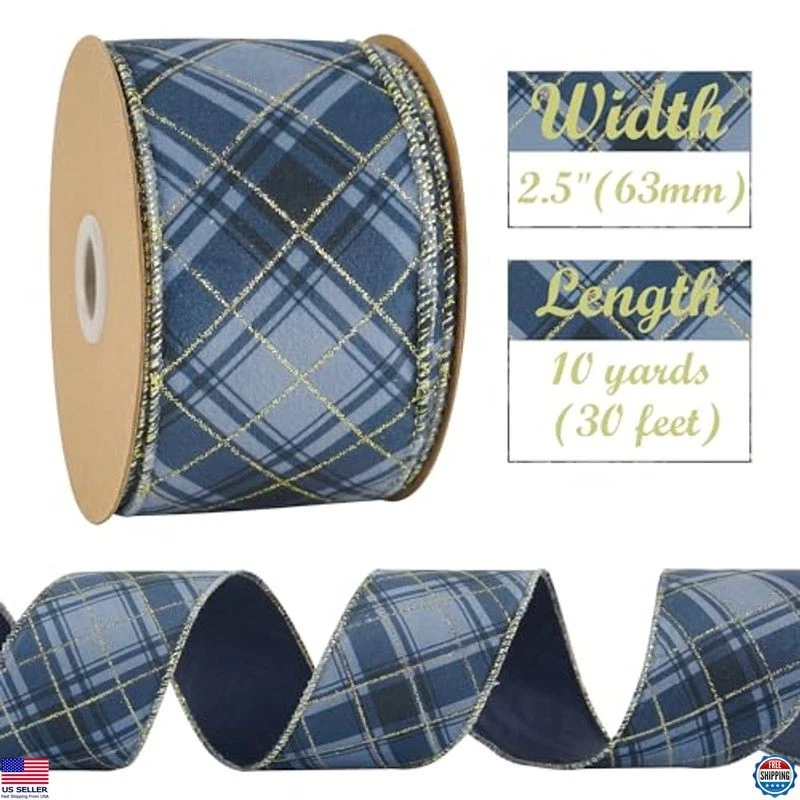 HUIHUANG 2.5" Blue Velvet Wired Ribbon - Blue & Gold Plaid Christmas, 10 Yds - Image 2 of 4