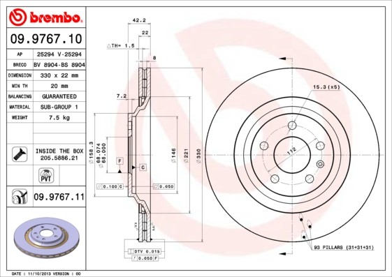 Disque de frein BREMBO 09.9767.11 ventilé à haute teneur en carbone pour AUDI