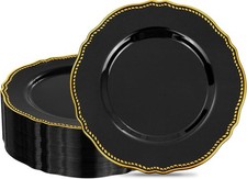 60pcs Balck Plastic Plates - Black and Gold Disposable Dinnerware with Gold Rim,