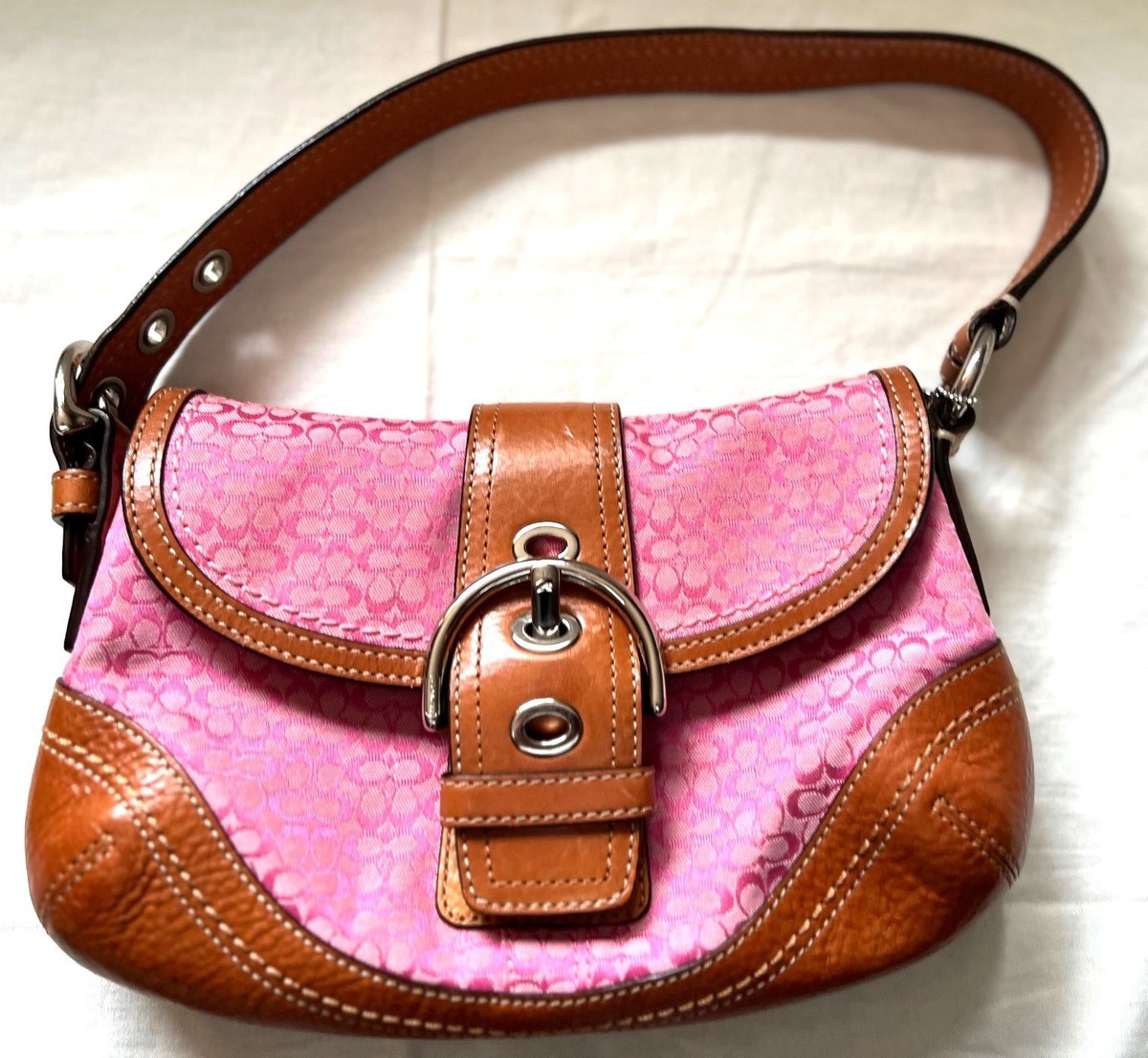 Coach F10926 (Vintage) Pink Canvas w Signature Logo & Tan Leather