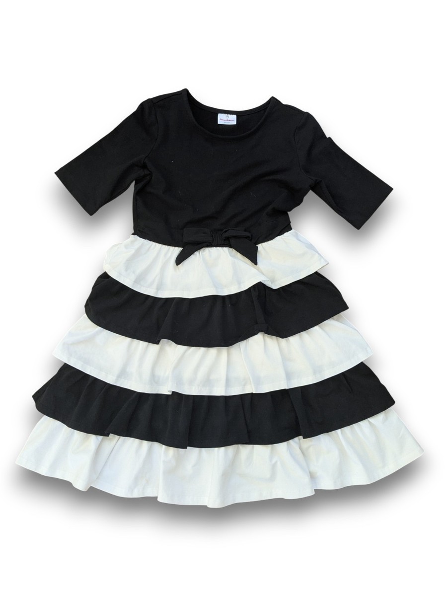 Hanna Andersson Black & White Tiered Ruffle Dress Bow Girls 160 US 14-16