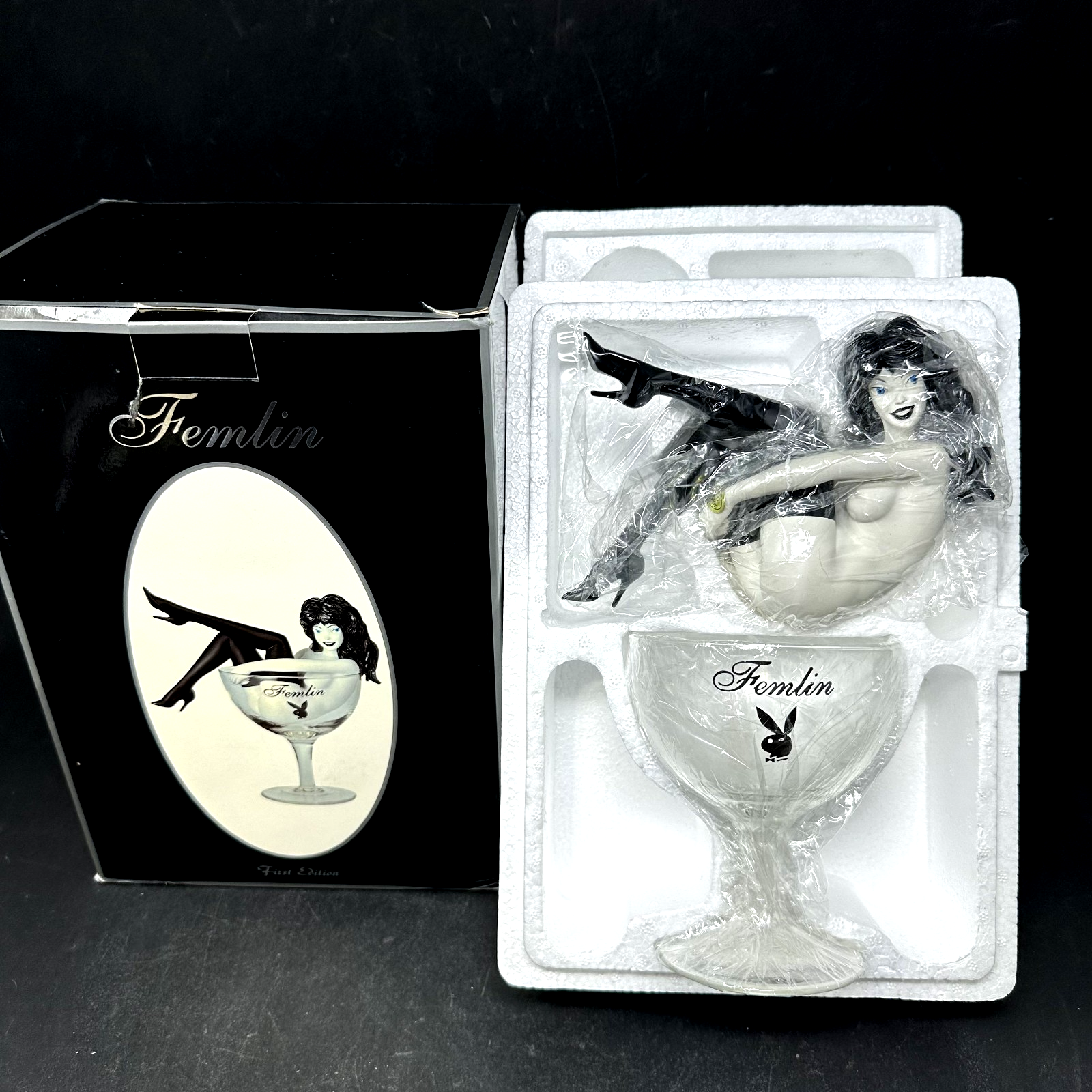 Playboy Femlin Statue in Champagne glass w box Playboys 50th Anniv - NOS